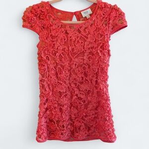 ECI New York 3D Floral Embroidered Coral Peach Textured Lace Blouse Size Small